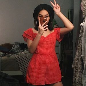 RED POLKA DOT OFF SHOULDER ROMPER